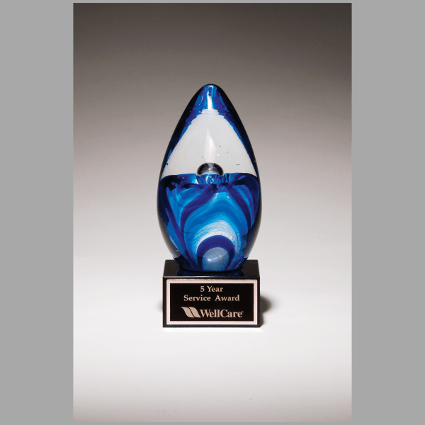 6.5" Blue Egg Shaped Art Glass on Black Base Award – item 1633
