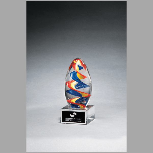 6" Colorful Egg Shaped Art Glass on Clear Base Plaque – item 2235