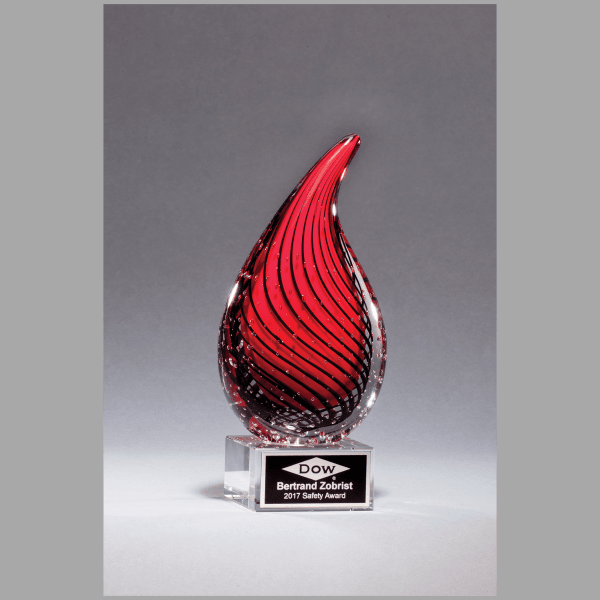 7.5" Red Teardrop Art Glass on Clear Base w/ Black Award – item 2249