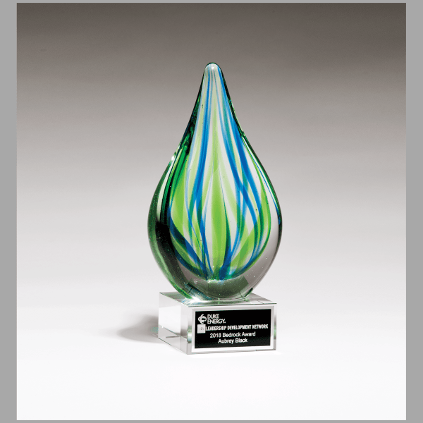 8" Blue & Green Teardrop Art Glass on Clear Base Award – item 2266