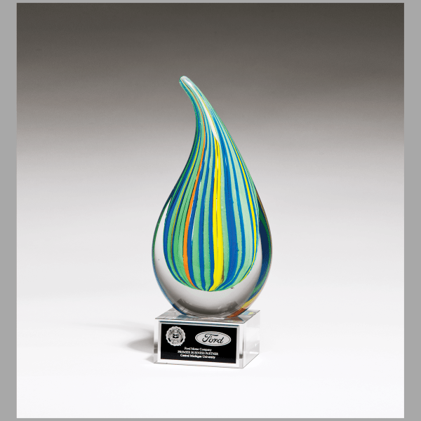 8.25" Multi-Colored Teardrop Art Glass on Clear Base Plaque – item 2277
