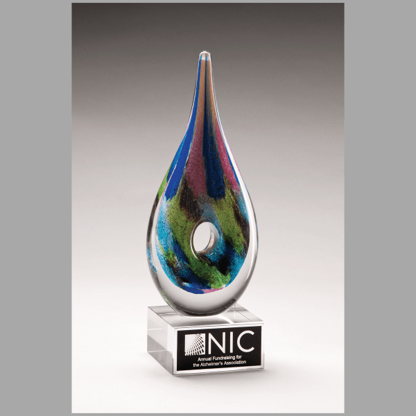 9.875" Multi-Colored Teardrop Art Glass on Clear Base Award – item 2288