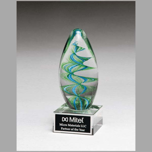 6.5" Helix Blue & Green Egg Shaped Art Glass on Plaque – item 2302