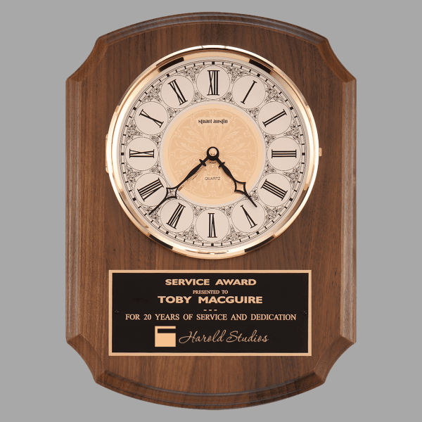 10.5" x 13" Walnut Quartz Clock Plaque – item BC380