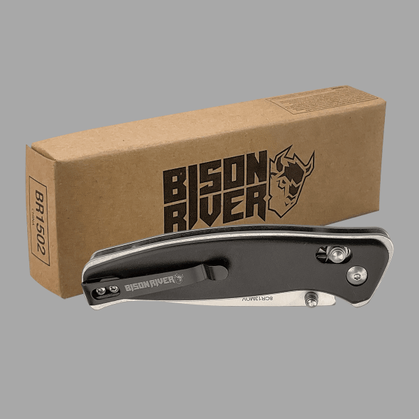 Bison River Black Anodized Aluminum Button Lock Knife – item BR1502