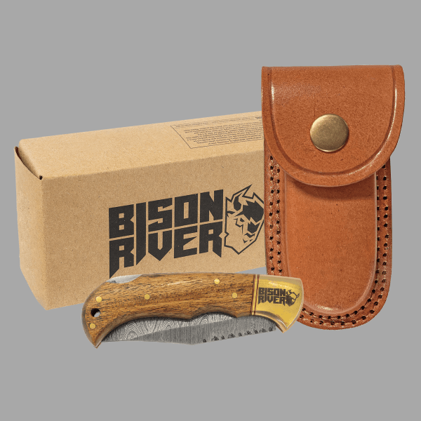 Bison River Folding Knife with Damascus Steel Blade and – item BR1751
