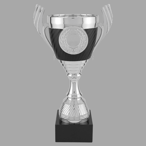 10.75" Silver 301 Series Plastic Cup Trophy with Black Base – item CPC301S