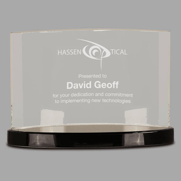 9" X 6 Crystal Crscnt with Black Base Award – item CRY011L