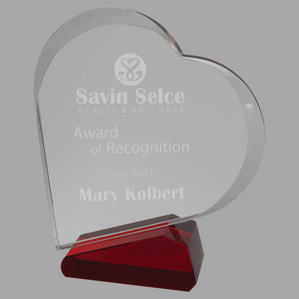 7" X 7.75 Clear/red Slnt Heart Crystal Award – item CRY23001RDM