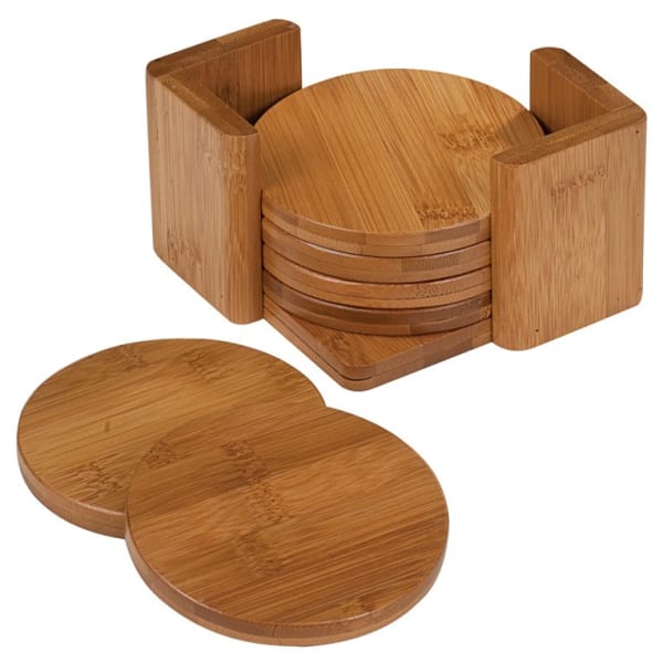 3.75" Bamboo Round 6-Coaster Set with Holder – item CST12