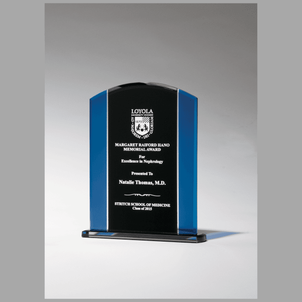 6.5" x 8.375" Clear Glass w/ Blue/Black Silkscreened Award – item G2659