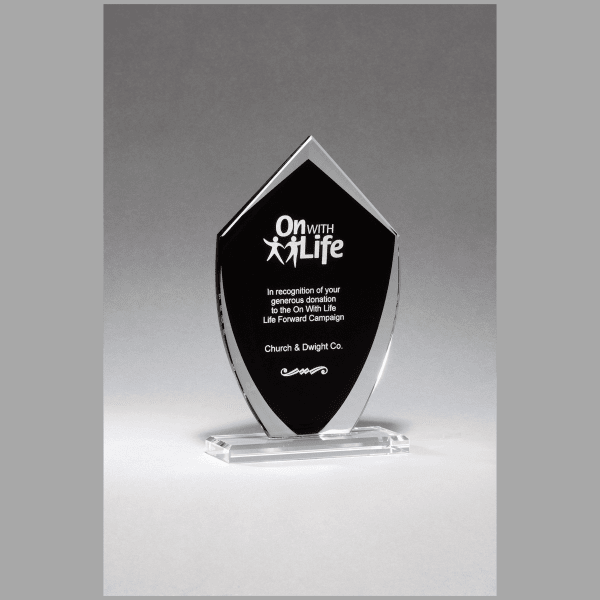 5.5" x 9.25" Shield Shaped Glass Award w/ Black – item G2922