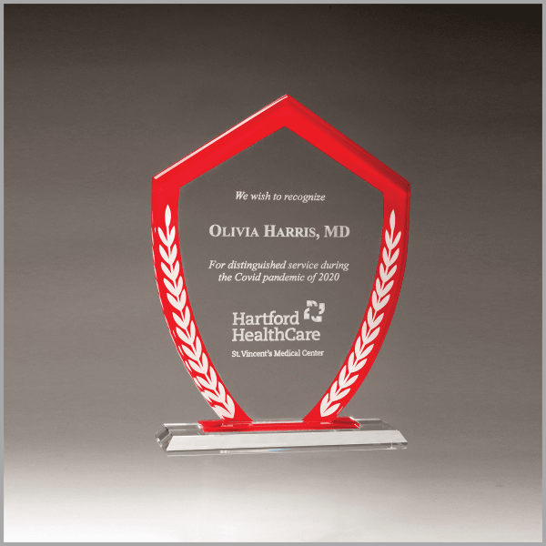5.875" x 8.125" Shield Shaped Glass Award w/ Red Border – item G3088
