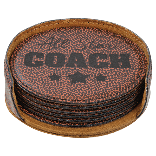4" x 1.25" Football Round Leatherette 6-Coaster Set – item GFT1327