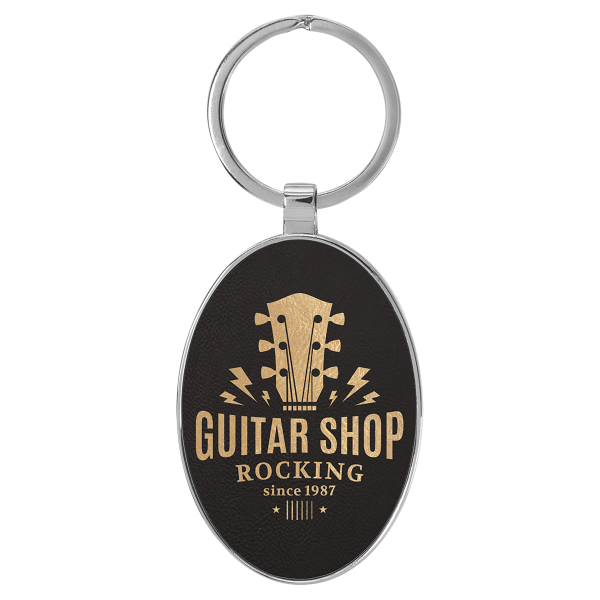 3" x 1.75" Black/Gold Metal Oval Leatherette Keychain – item GFT2152 image 3