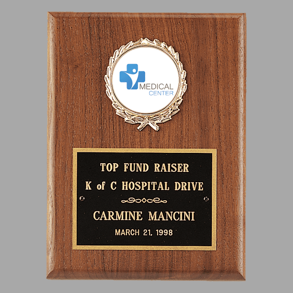6" x 8" 2" Walnut Plaque w/ Gold Border Black Plate – item P1411