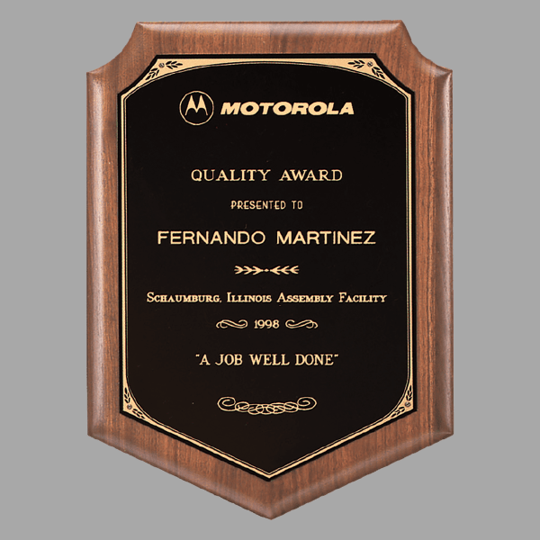 9" x 12" Walnut Plaque w/ Gold Border Black Plate – item P1648
