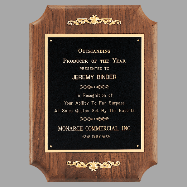 11" x 15" Walnut Scalloped Corner Plaque w/ Decorative Gold – item P2477