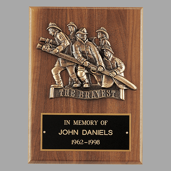 9" x 12" "Bravest" Walnut Plaque, Bronze Cast Fire – item P3