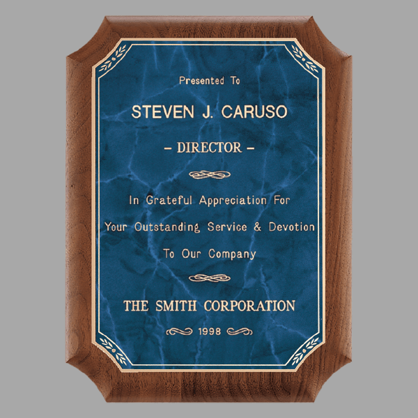 8" x 10.5" Walnut Plaque w/ Gold Border Sapphire Marble – item P3475
