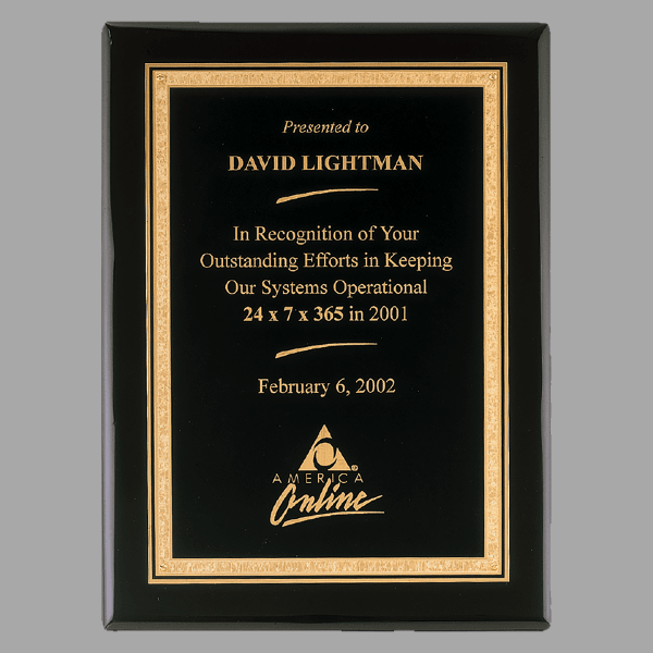 9" x 12" Black Piano Plaque w/ Gold Florentine Plate – item P3818