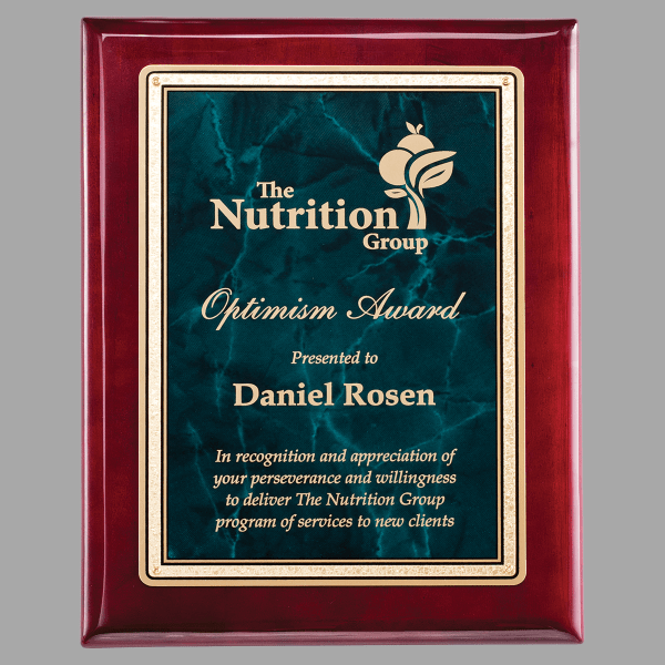 10.5" x 13" Rosewood Piano Plaque w/ Emerald Marble/Gold – item P4153