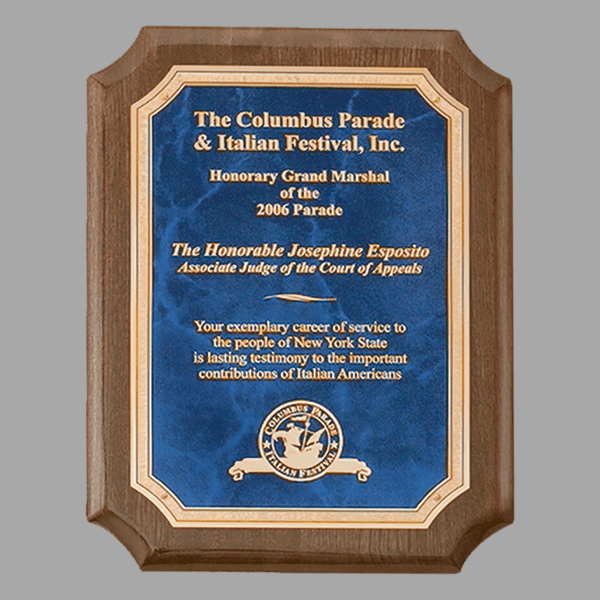8" x 10.5" Walnut Piano Plaque w/ Gold Florentine Sapphire – item P4211