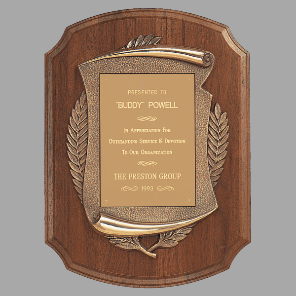 11" x 15" Walnut Notch Corner Plaque w/ Bronze Scroll – item P863