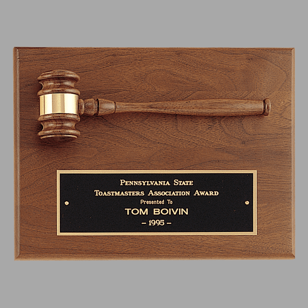 9" x 12" Solid Walnut Plaque w/ Gavel, Gold – item PG2782