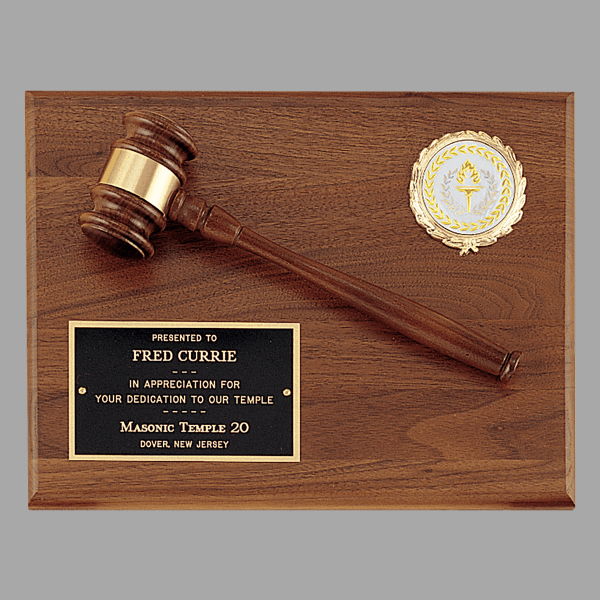 2" Solid Walnut Plaque w/ Gavel, Gold Band – item PG2784
