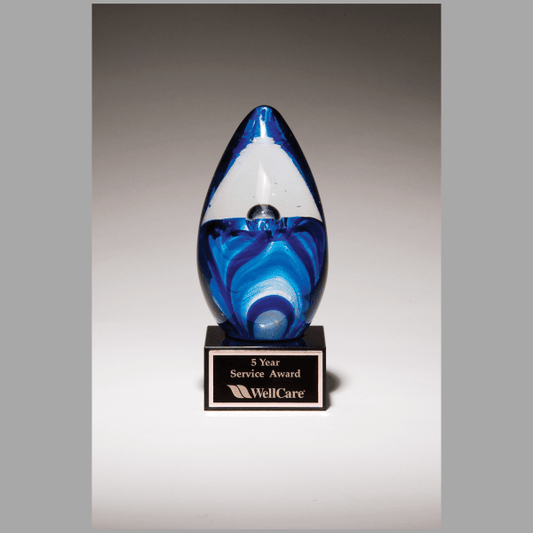 6.5" Blue Egg Shaped Art Glass on Black Base Award – item 1633