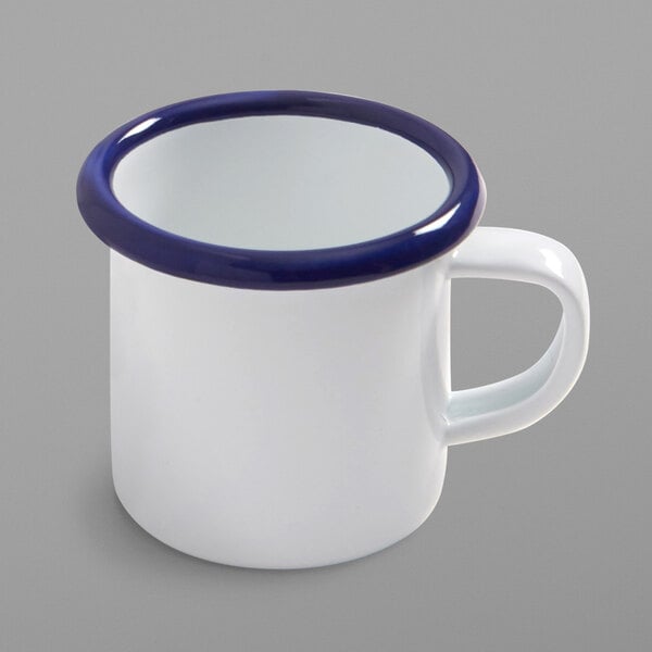 American Metalcraft EWM6 6 oz. White Enamel Mug w/ Blue Rim – item 124EWM6