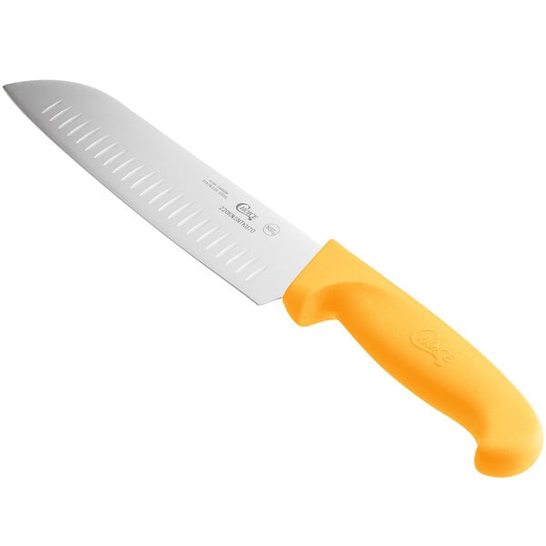Choice 7" Santoku Knife w/ Granton Edge & Neon Orange Handle – item 220KNSNTKU7O