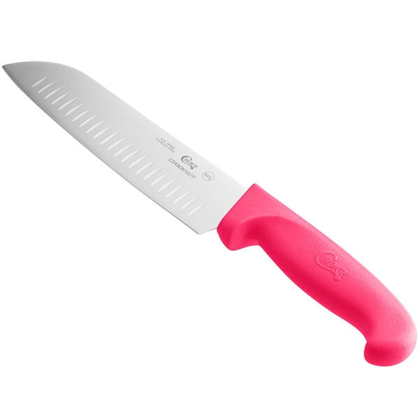 Choice 7" Santoku Knife w/ Granton Edge & Neon Pink Handle – item 220KNSNTKU7P