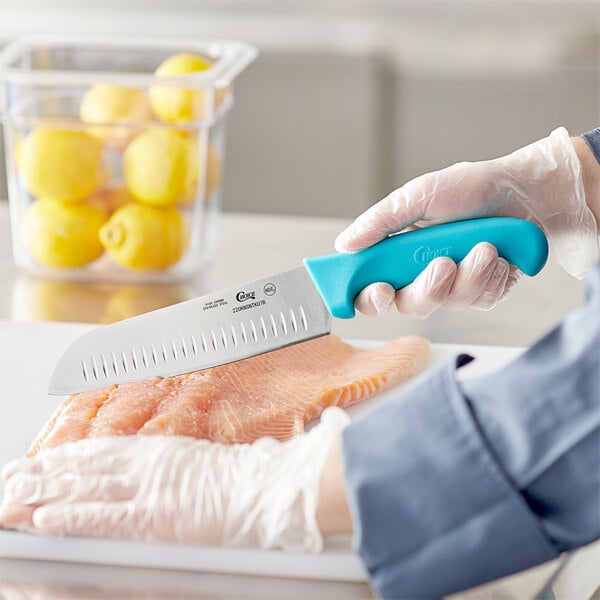 Choice 7" Santoku Knife w/ Granton Edge & Neon Handle – item 220KNSNTKU7B image 2