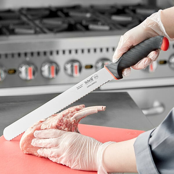 Schraf 12" Serrated Edge Slicing Knife w/ Red TPRgrip Handle – item 220VSLSRRD12 image 2