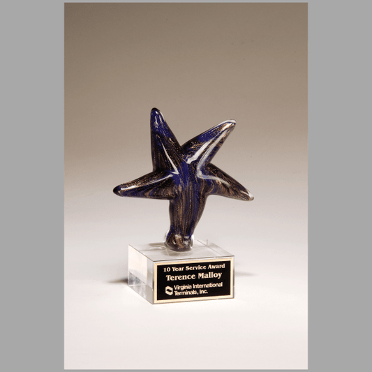 6.875" Blue Star Art Glass w/ Gold Metallic Award – item 2199