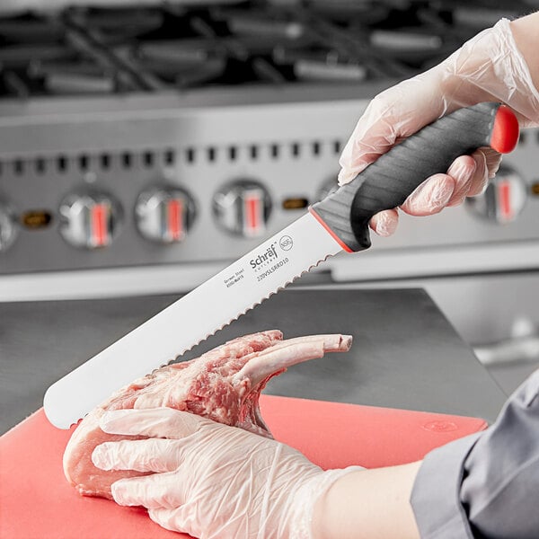 Schraf 10" Serrated Edge Slicing Knife w/ Red TPRgrip Handle – item 220VSLSRRD10 image 2