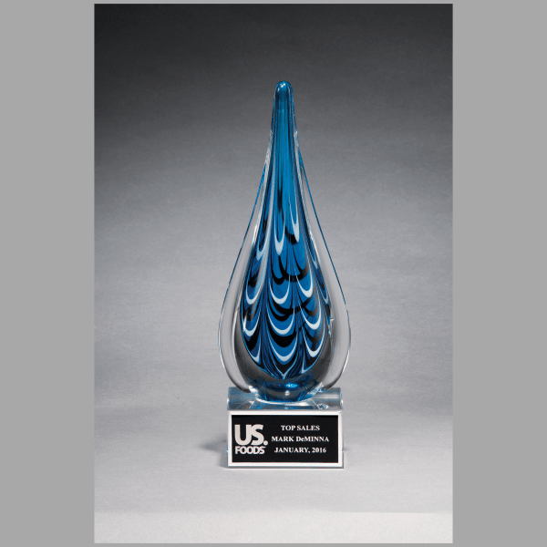 10" Blue & Black Teardrop Art Glass on Clear Base Plaque – item 2220