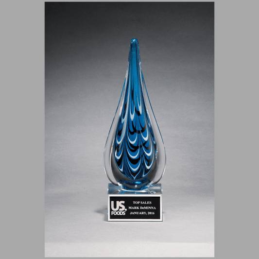 10" Blue & Black Teardrop Art Glass on Clear Base Plaque – item 2220