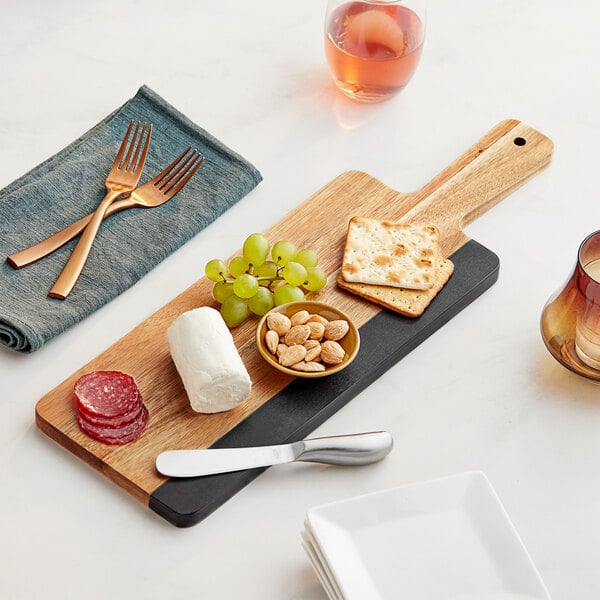 Acopa 14" x 6" Acacia Wood and Slate Serving Board w/ Handle – item 303SBMB196