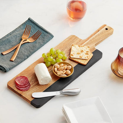 Acopa 14" x 6" Acacia Wood and Slate Serving Board w/ Handle – item 303SBMB196