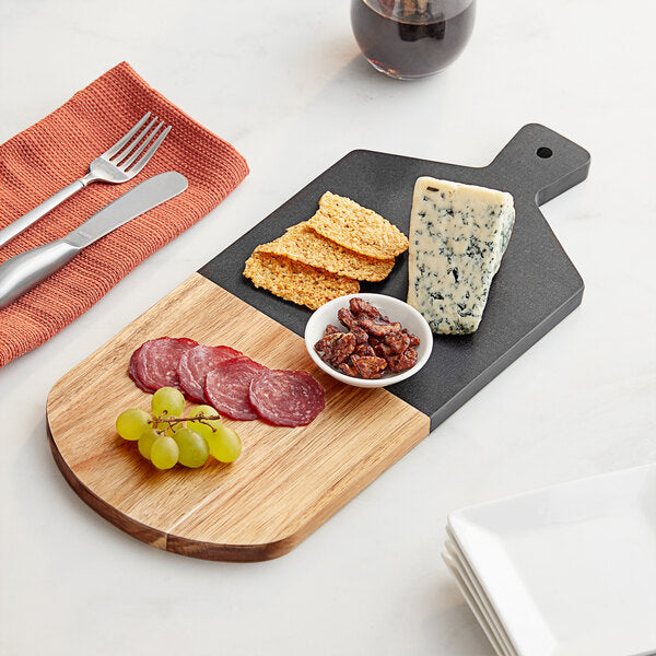 Acopa 14" x 7" Acacia Wood and Slate Serving Board w/ Handle – item 303SBMB167