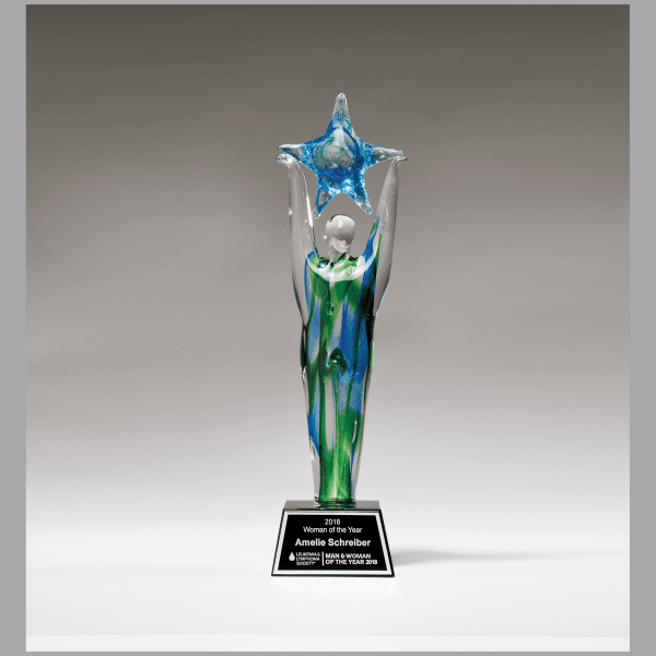 11.5" Star Achiever Art Glass on Clear Base w/ Black Plaque – item 2282