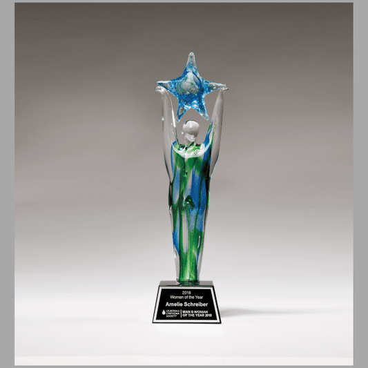 11.5" Star Achiever Art Glass on Clear Base w/ Black Plaque – item 2282