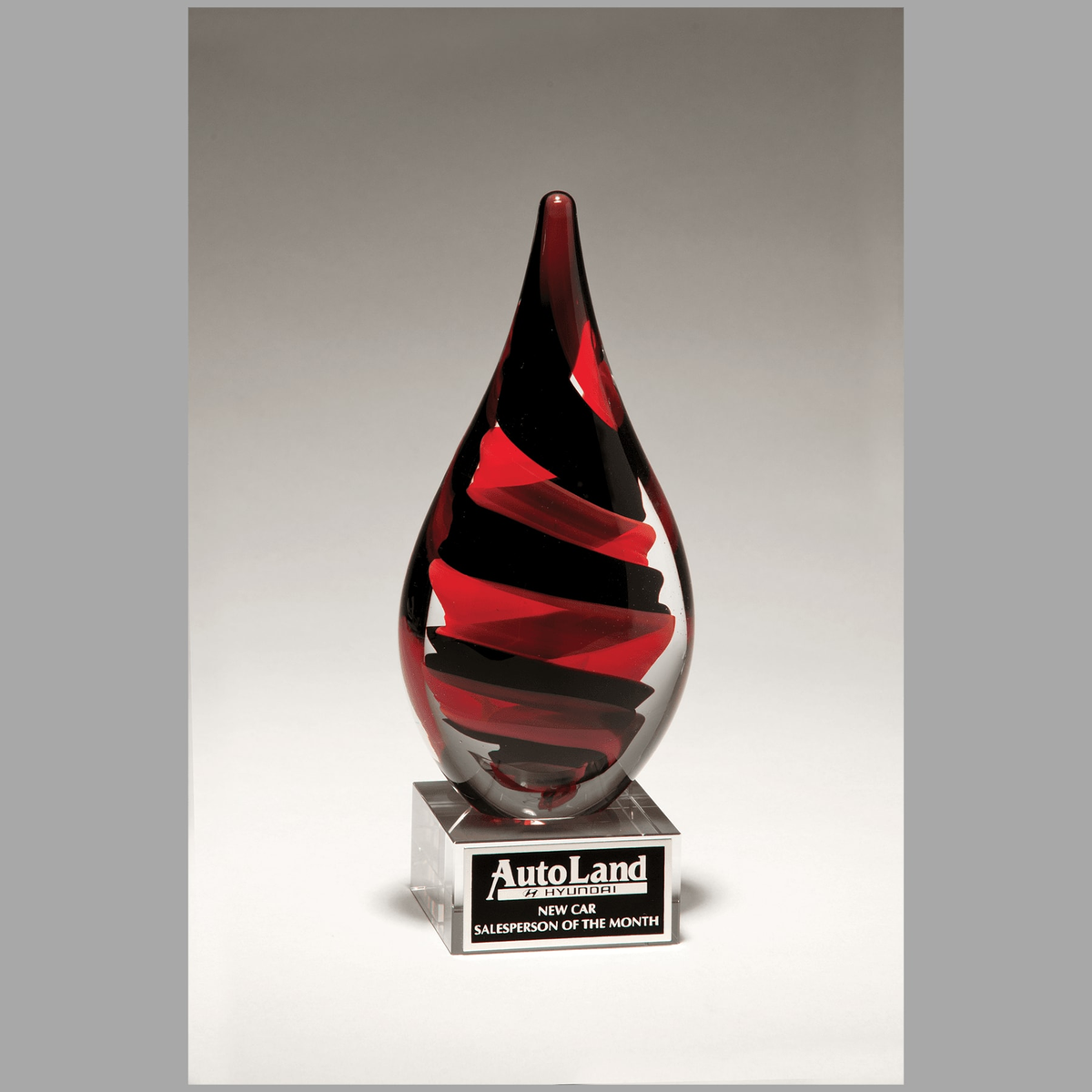 8" Black and Red Helix Teardrop on Clear Glass Base with Black Laserable Aluminum Plate — 2285