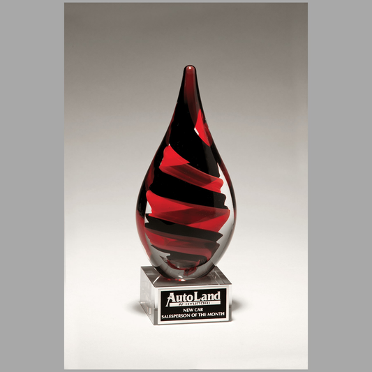 8" Black and Red Helix Teardrop on Clear Glass Base with Black Laserable Aluminum Plate — 2285