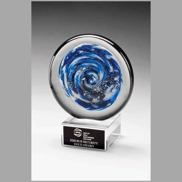 7" Blue & White Disc Art Glass on Clear Base w/ Black Award – item 2294