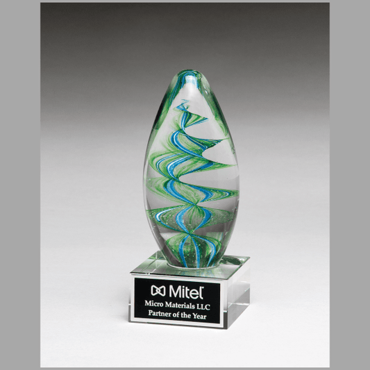 6.5" Helix Blue & Green Egg Shaped Art Glass on Plaque – item 2302