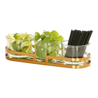 13 1/2" x 5" Brass Jar w/ (3) 32 oz. Condiment Display – item 2111237975130